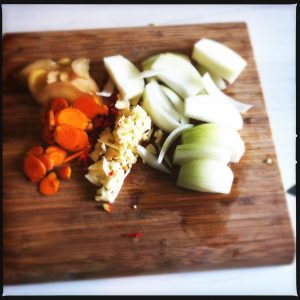 The spices and onion - garlic, ginger, fresh turmeric, chilli and onion