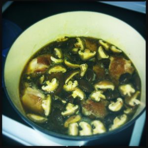 Added the Shiitake mushrooms, chicken, seaweed and stock